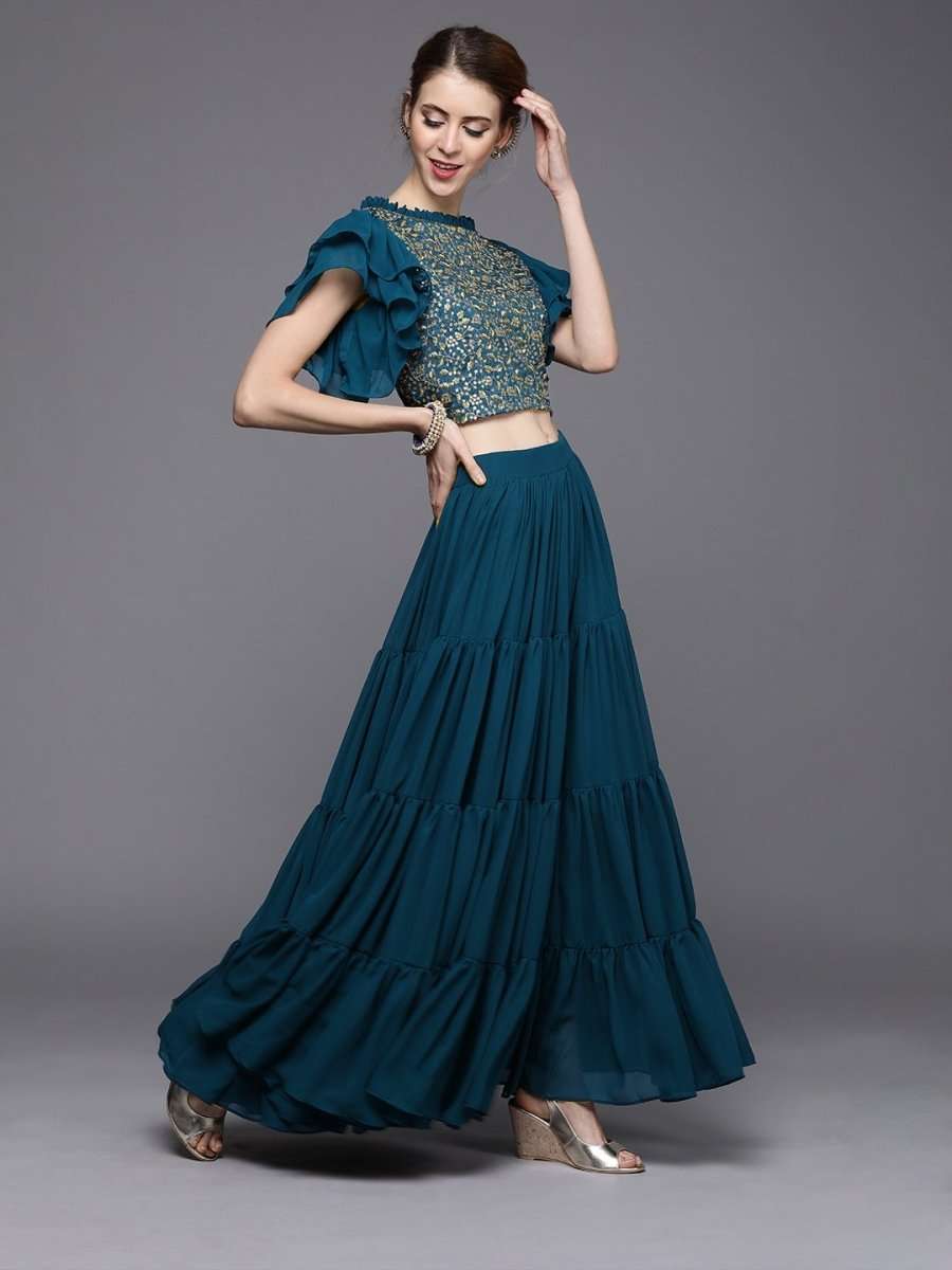 Teal Poly Georgette Embroidered Party Wear Lehenga Choli - inddus-us