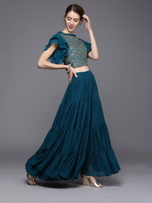 Teal Poly Georgette Embroidered Party Wear Lehenga Choli - inddus-us
