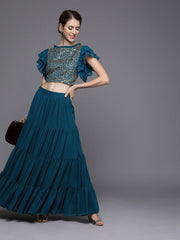 Teal Poly Georgette Embroidered Party Wear Lehenga Choli - inddus-us