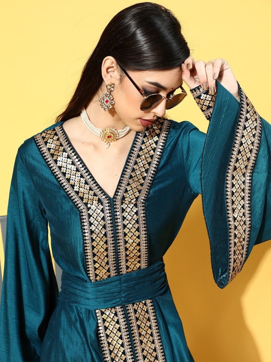 Teal Poly Silk Partywear Ethnic Motifs Dresses - Inddus.com