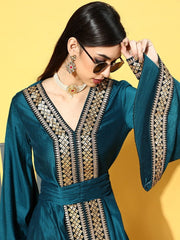 Teal Poly Silk Partywear Ethnic Motifs Dresses - Inddus.com