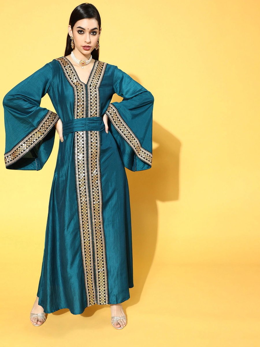 Teal Poly Silk Partywear Ethnic Motifs Dresses - Inddus.com