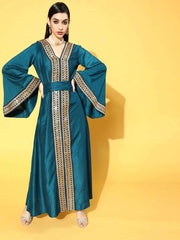 Teal Poly Silk Partywear Ethnic Motifs Dresses - Inddus.com
