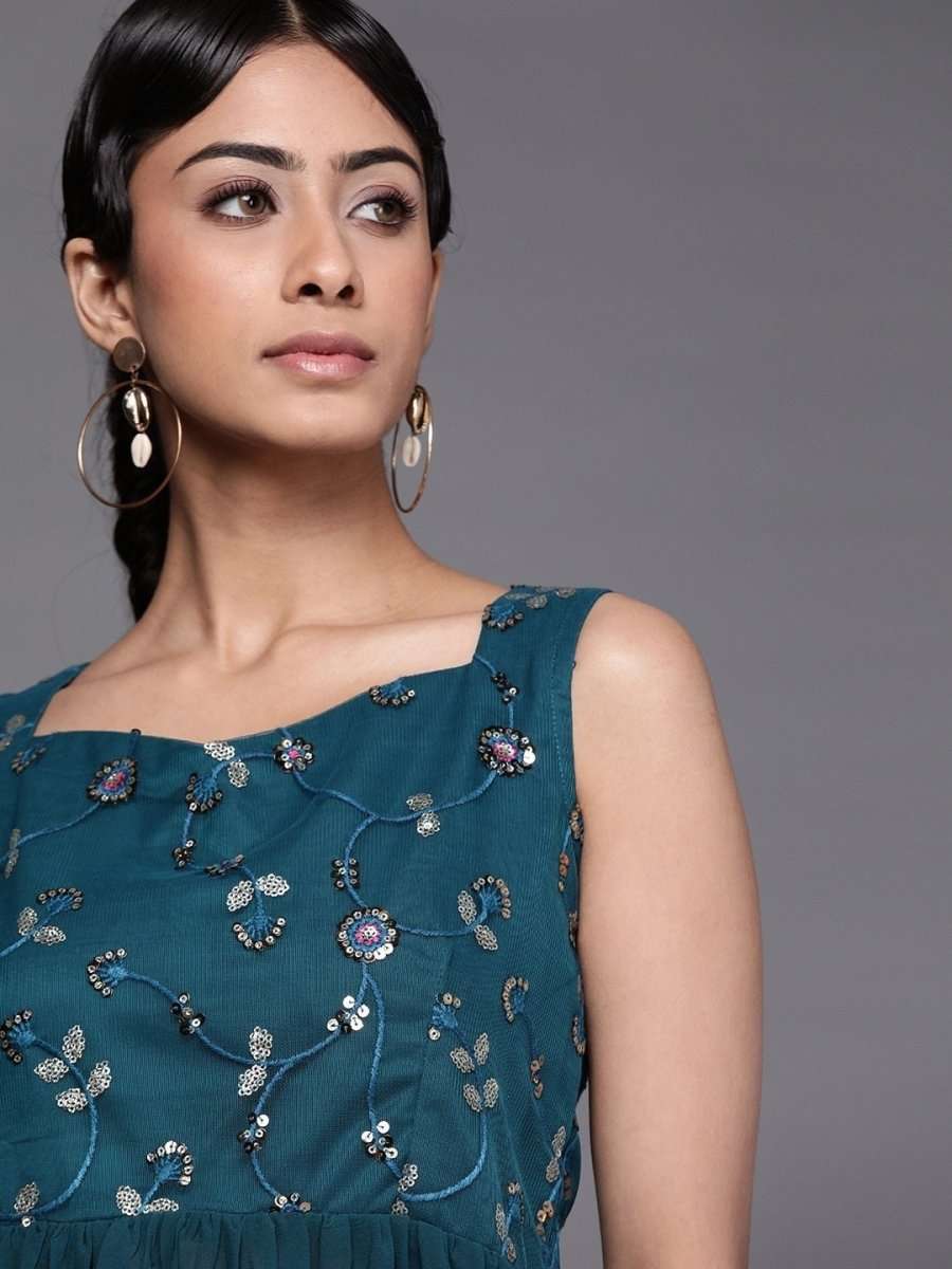 Teal Polyester Embroidered Dress - Inddus.com