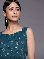 Teal Polyester Embroidered Dress - Inddus.com