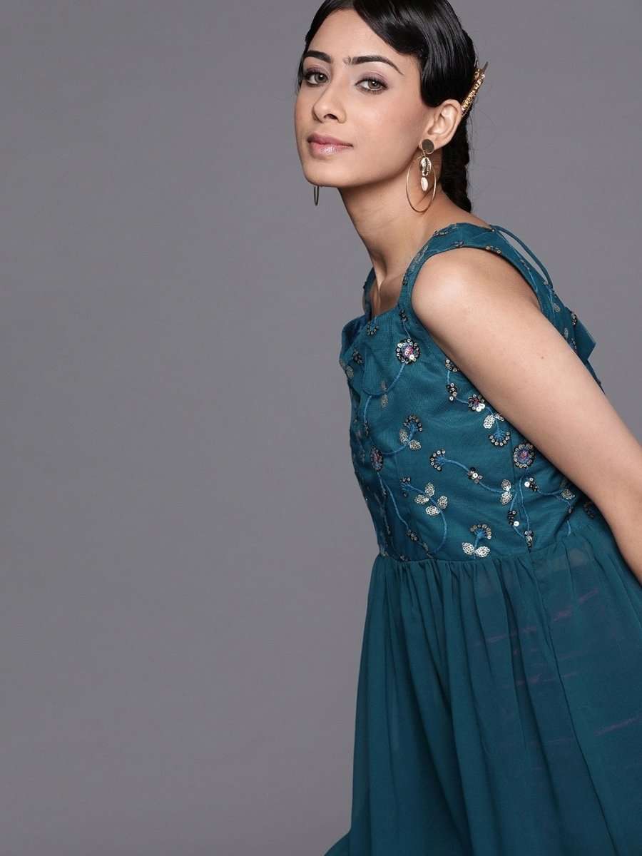 Teal Polyester Embroidered Dress - Inddus.com
