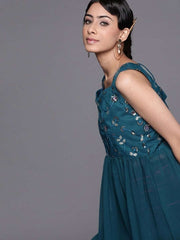 Teal Polyester Embroidered Dress - Inddus.com