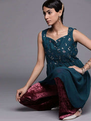 Teal Polyester Embroidered Dress - Inddus.com