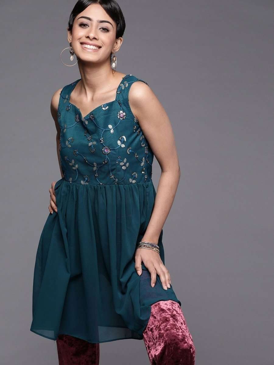 Teal Polyester Embroidered Dress - Inddus.com