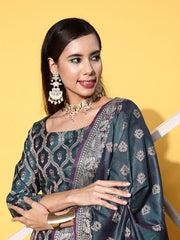 Teal Pure Cotton Unstitched Dress Material - Inddus.com