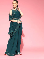 Teal Ruffled Saree with Embellished Belt - inddus-us