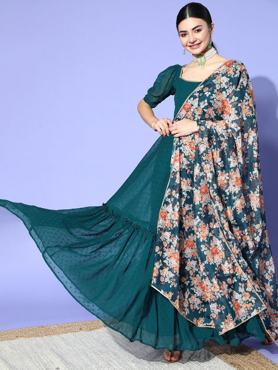 Teal Self Design Kurta with Printed Dupatta & Belt - Inddus.com