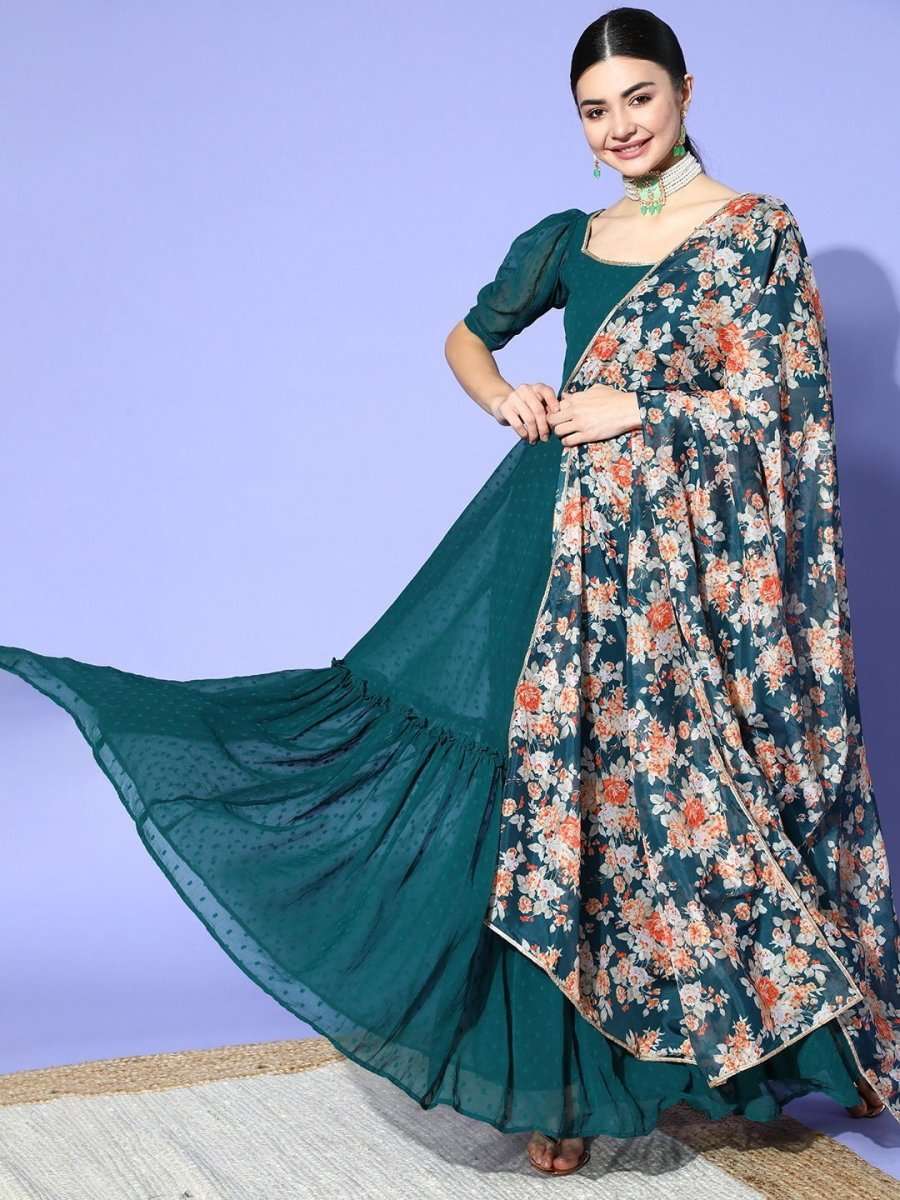 Teal Self Design Kurta with Printed Dupatta & Belt - Inddus.com