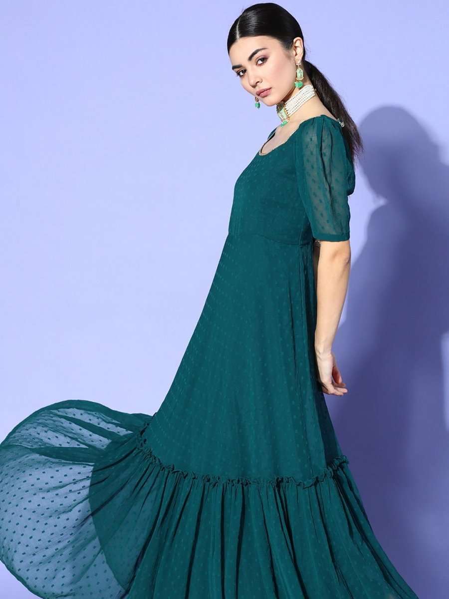 Teal Self Design Kurta with Printed Dupatta & Belt - Inddus.com
