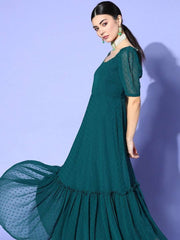 Teal Self Design Kurta with Printed Dupatta & Belt - Inddus.com