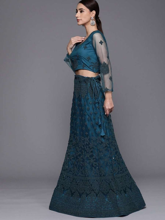 Teal Semistitched Lehenga with Embroidered Blouse and Embroidered Dupatta - inddus-us