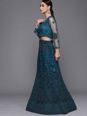 Teal Semistitched Lehenga with Embroidered Blouse and Embroidered Dupatta - inddus-us