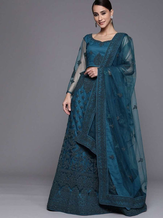 Teal Semistitched Lehenga with Embroidered Blouse and Embroidered Dupatta - inddus-us