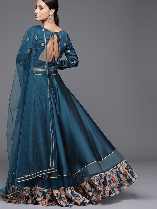 Teal Semistitched Lehenga with Embroidered Blouse and Net Dupatta - Inddus.com