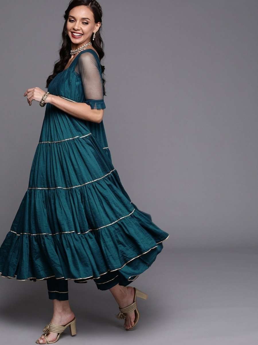 Teal Solid Tiered Kurta with Trouser and Dupatta - Inddus.com