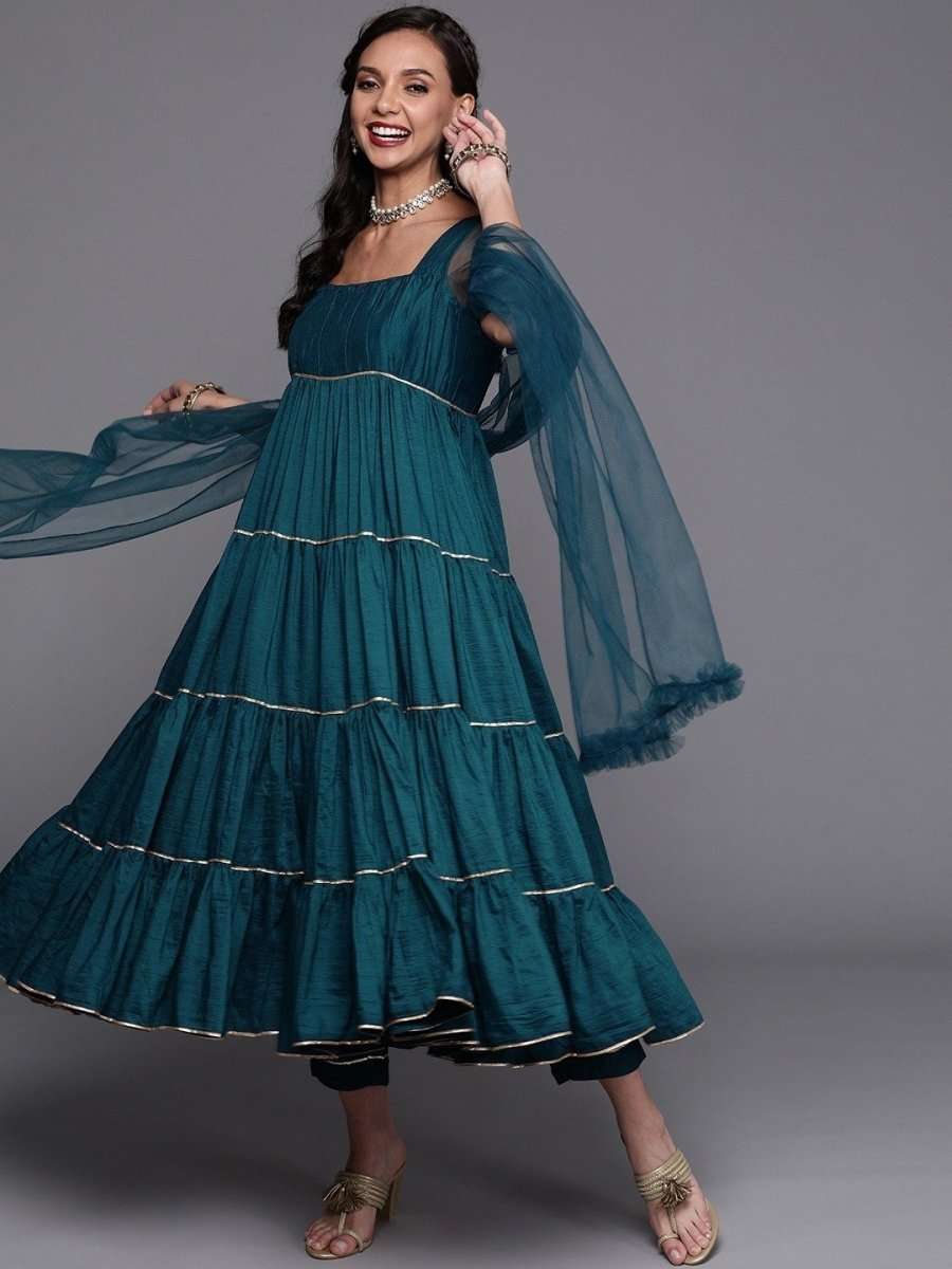 Teal Solid Tiered Kurta with Trouser and Dupatta - Inddus.com