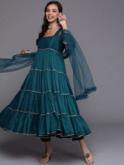 Teal Solid Tiered Kurta with Trouser and Dupatta - Inddus.com