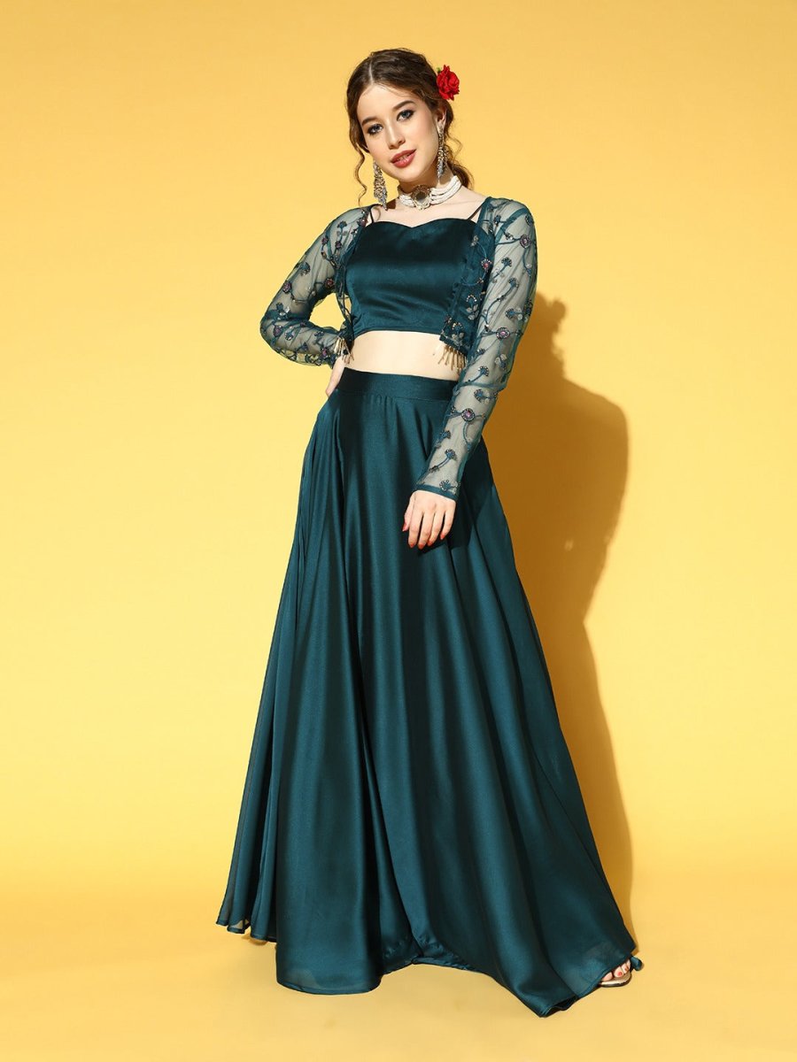 Teal Solid Top & Skirt with Embroidered Jacket - Inddus.com