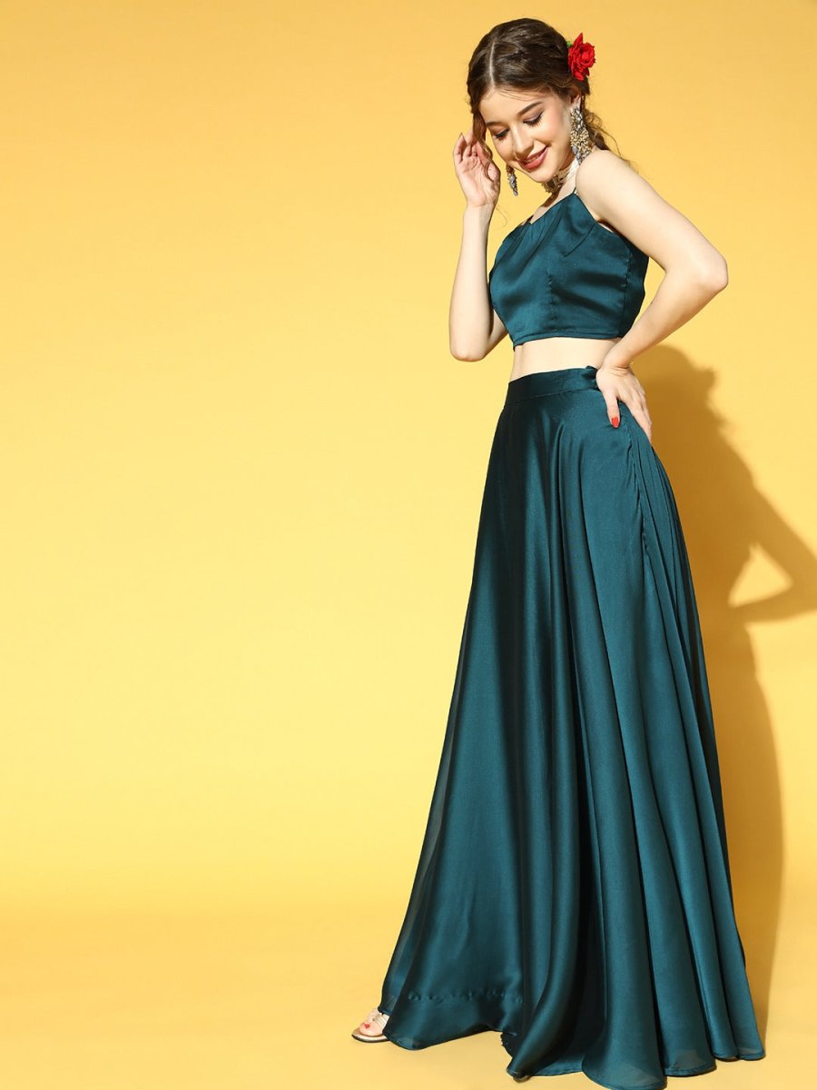 Teal Solid Top & Skirt with Embroidered Jacket - Inddus.com