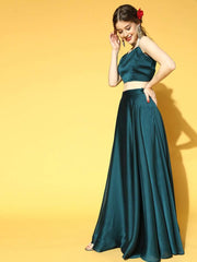 Teal Solid Top & Skirt with Embroidered Jacket - Inddus.com