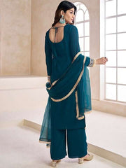 Teal Striped Embroidered Beads & Stones Straight Kurta & Palazzos With Dupatta - Inddus.com