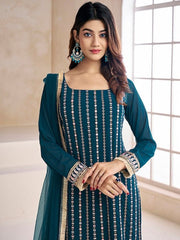 Teal Striped Embroidered Beads & Stones Straight Kurta & Palazzos With Dupatta - Inddus.com