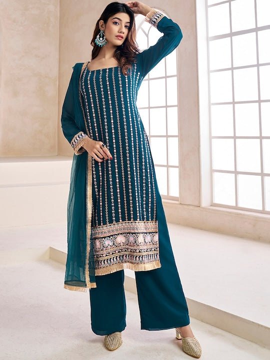 Teal Striped Embroidered Beads & Stones Straight Kurta & Palazzos With Dupatta - Inddus.com