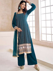 Teal Striped Embroidered Beads & Stones Straight Kurta & Palazzos With Dupatta - Inddus.com