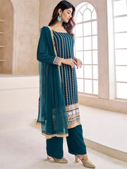 Teal Striped Embroidered Beads & Stones Straight Kurta & Palazzos With Dupatta - Inddus.com