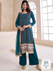 Teal Striped Embroidered Beads & Stones Straight Kurta & Palazzos With Dupatta - Inddus.com