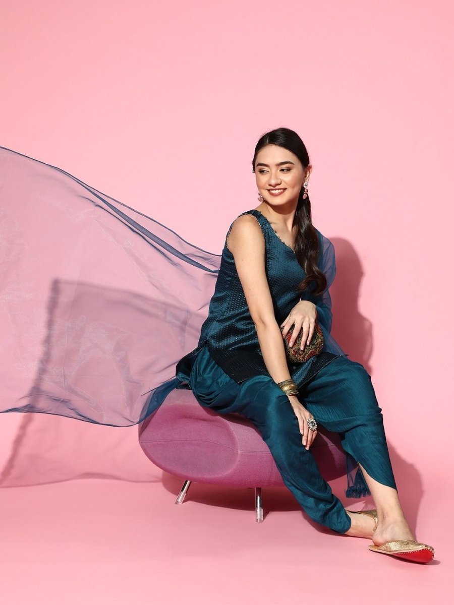 Teal Woven Brocade Kurta with Dhoti Pants and Net Dupatta - Inddus.com