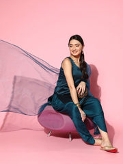 Teal Woven Brocade Kurta with Dhoti Pants and Net Dupatta - Inddus.com