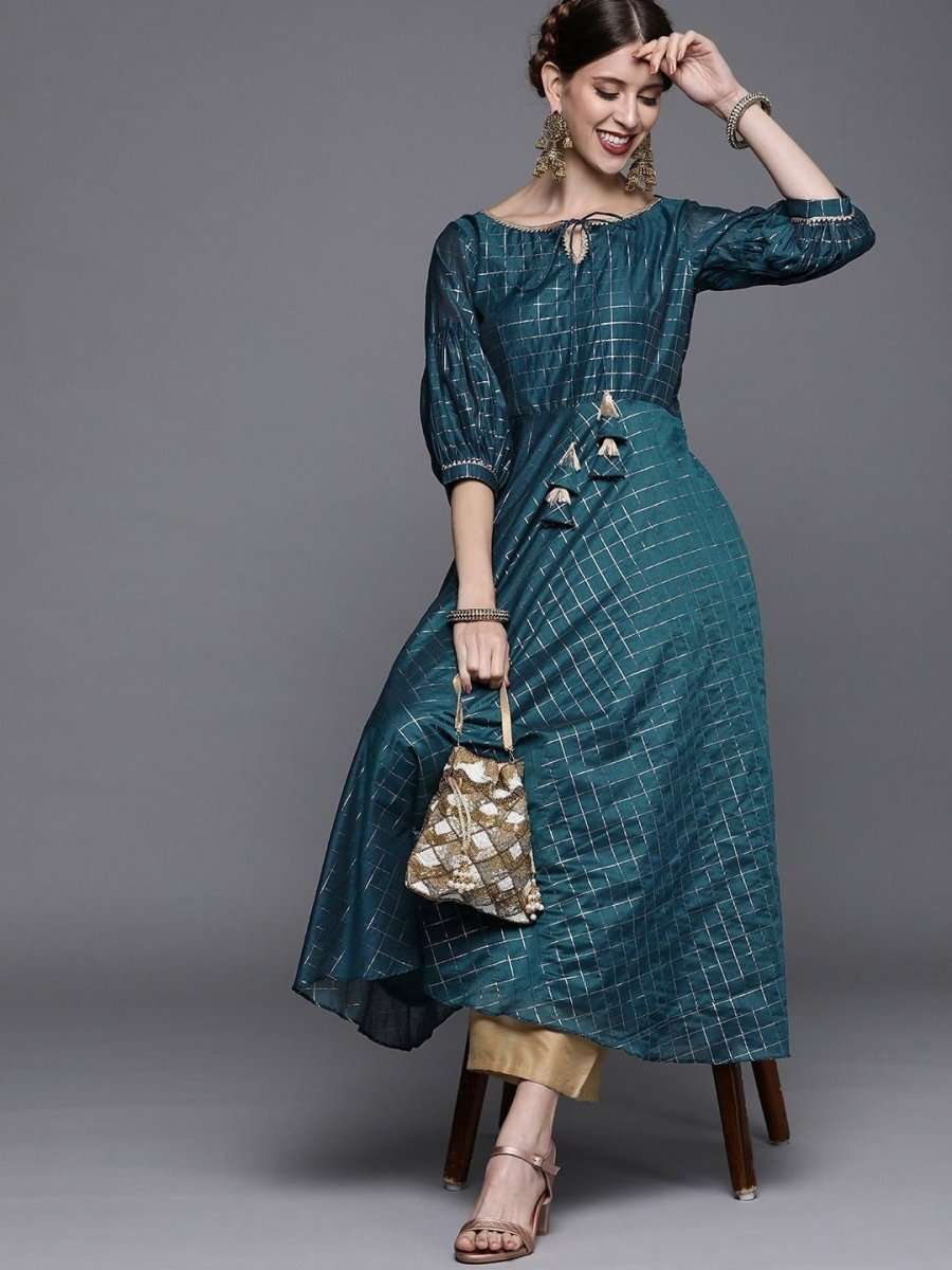 Teal Woven Checked Kurta - Inddus.com