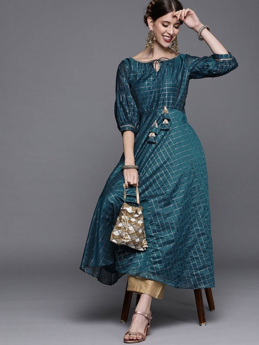 Teal Woven Checked Kurta - Inddus.com