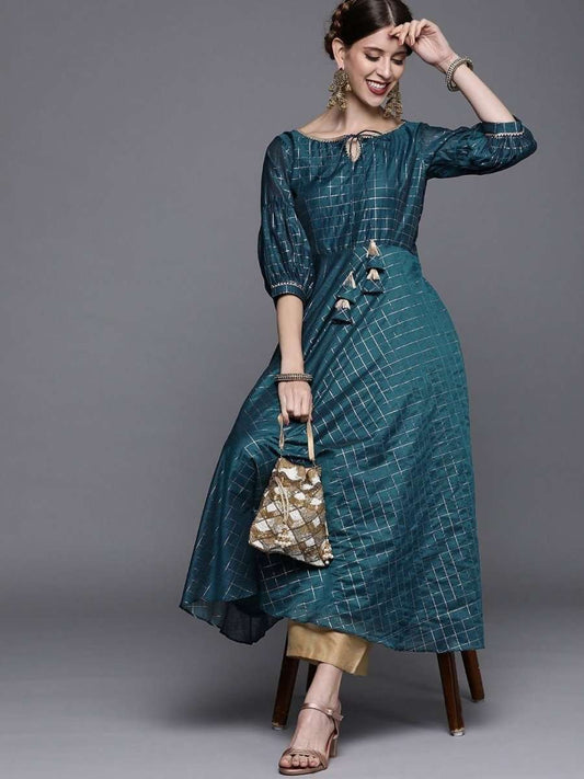 Teal Woven Checked Kurta - Inddus.com