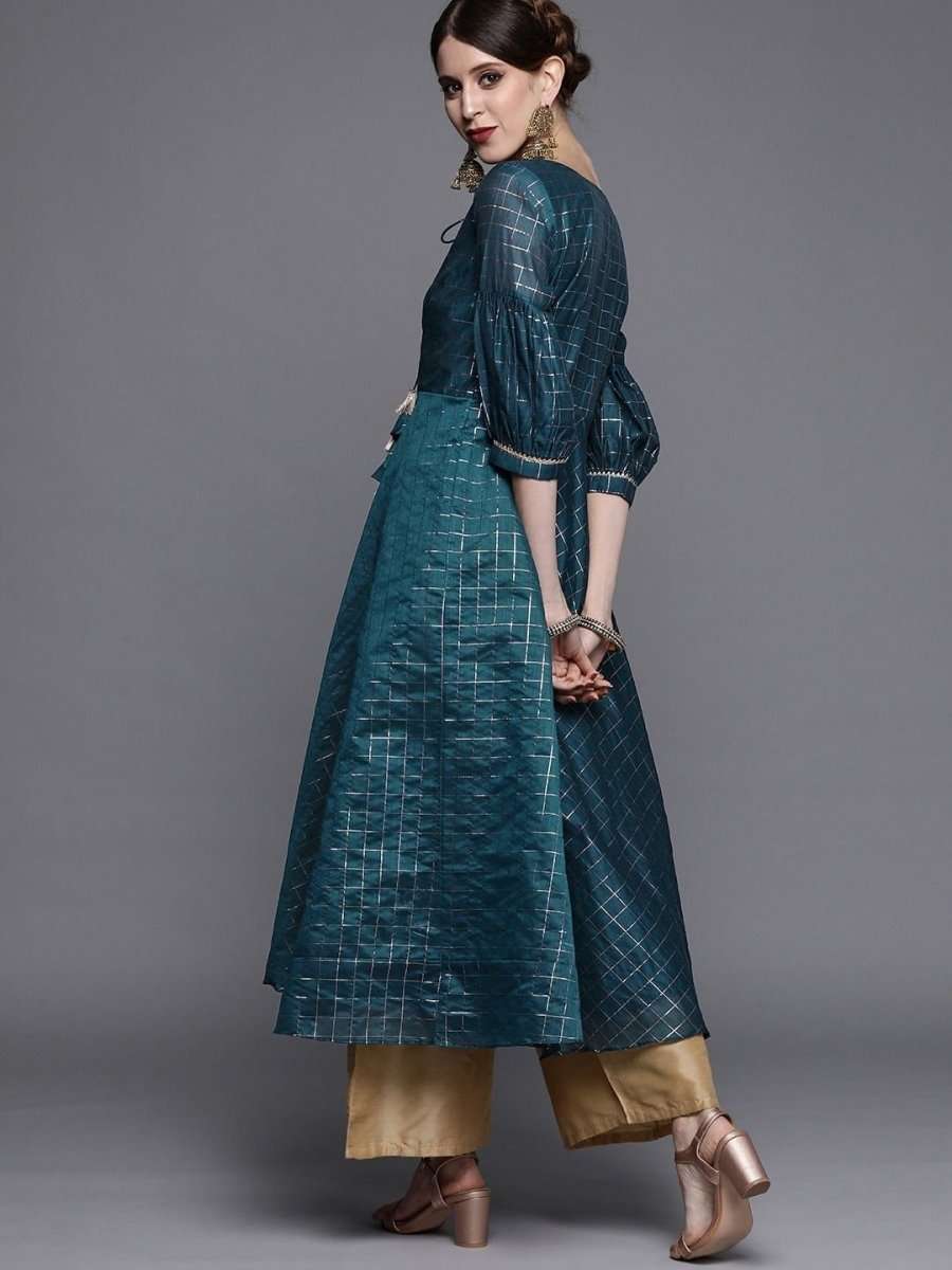 Teal Woven Checked Kurta - Inddus.com