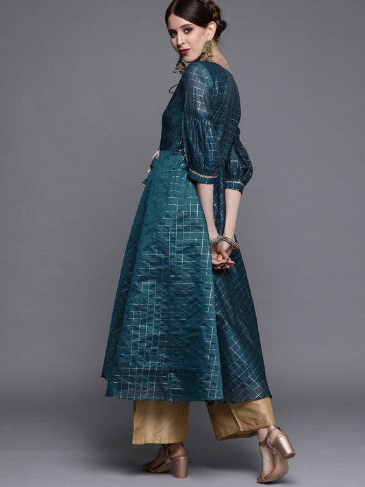 Teal Woven Checked Kurta - Inddus.com