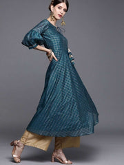 Teal Woven Checked Kurta - Inddus.com