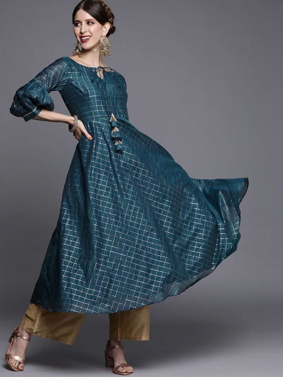 Teal Woven Checked Kurta - Inddus.com
