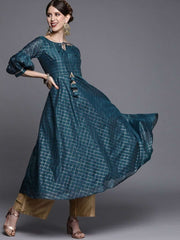 Teal Woven Checked Kurta - Inddus.com
