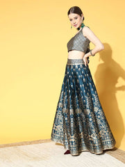 Teal Woven Design Semi-stitched Lehenga Choli With Dupatta - Inddus.com