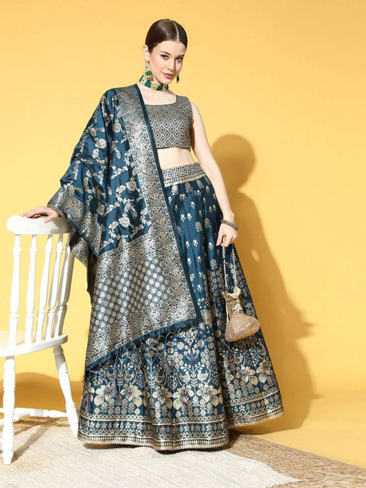 Teal Woven Design Semi-stitched Lehenga Choli With Dupatta - Inddus.com