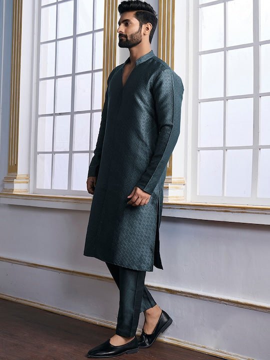 Teal Woven Designed Mandarin Collar Regular Kurta with Trousers - Inddus.com