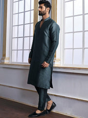Teal Woven Designed Mandarin Collar Regular Kurta with Trousers - Inddus.com