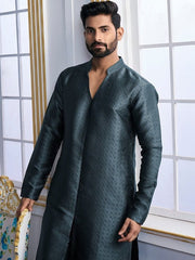 Teal Woven Designed Mandarin Collar Regular Kurta with Trousers - Inddus.com